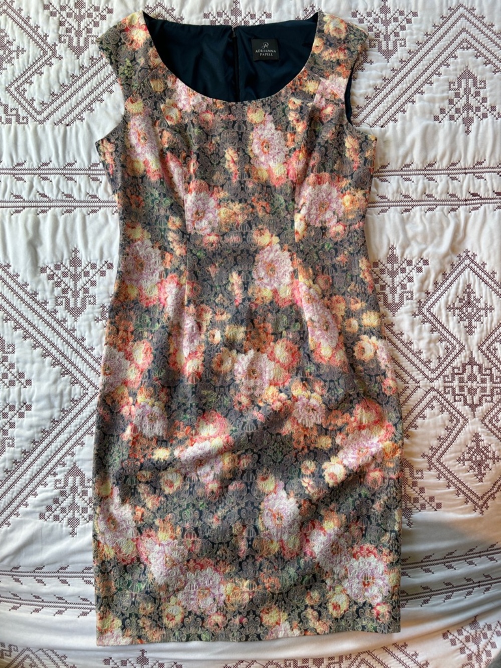 Adrianna Papell Floral Midi Sheath Dress in Navy, Pink, Peach and Green
